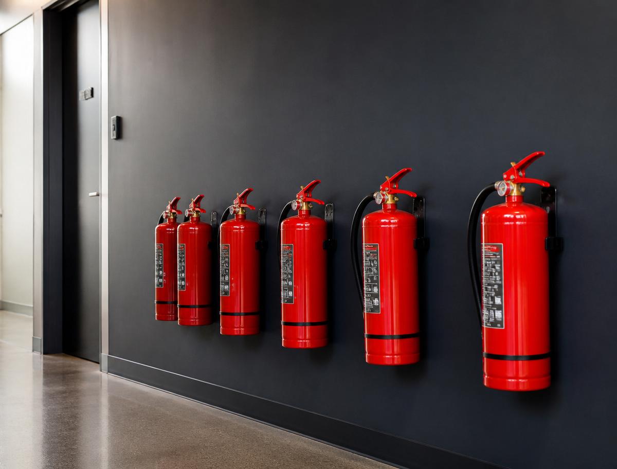 Row of red fire extinguishers along a dark commercial corridor